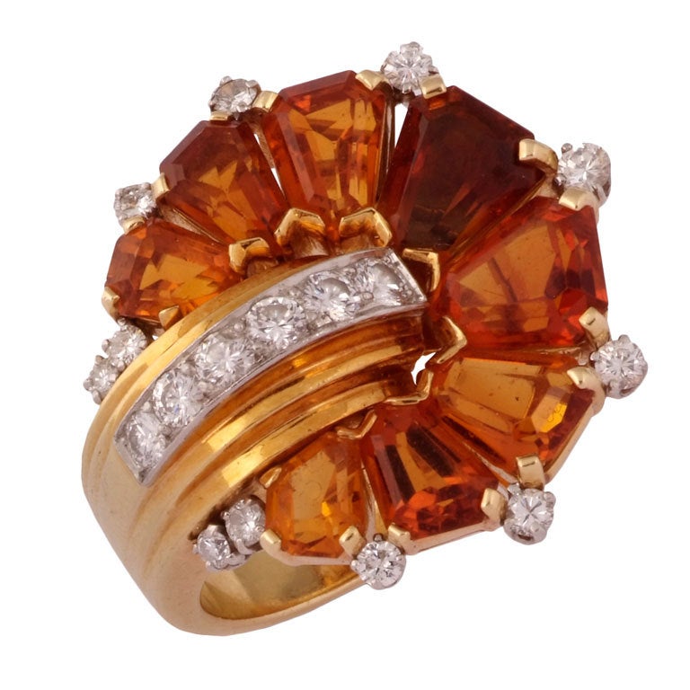 An Unusual Retro Citrine and Diamond Ring. For Sale
