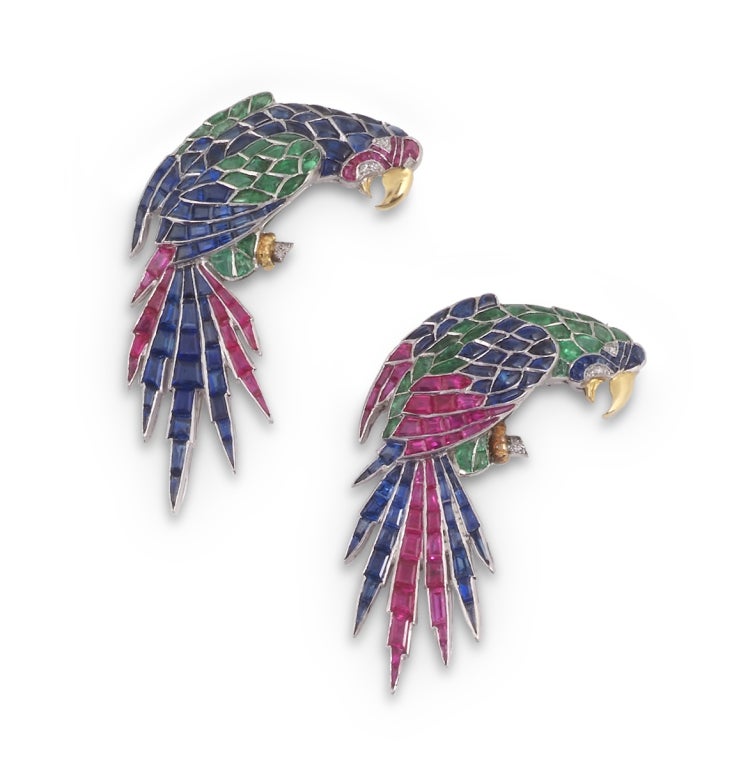 A Gem-Set and Diamond Double-clip Bird Brooch