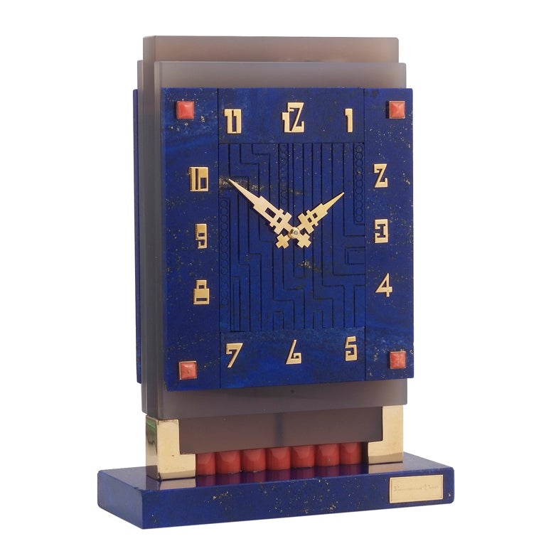 BOUCHERON. An Important Art Deco Lapis and Coral Desk Clock For Sale