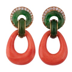 Retro DAVID WEBB. A Pair Of Coral Jadeite And Diamond Ear Clips.