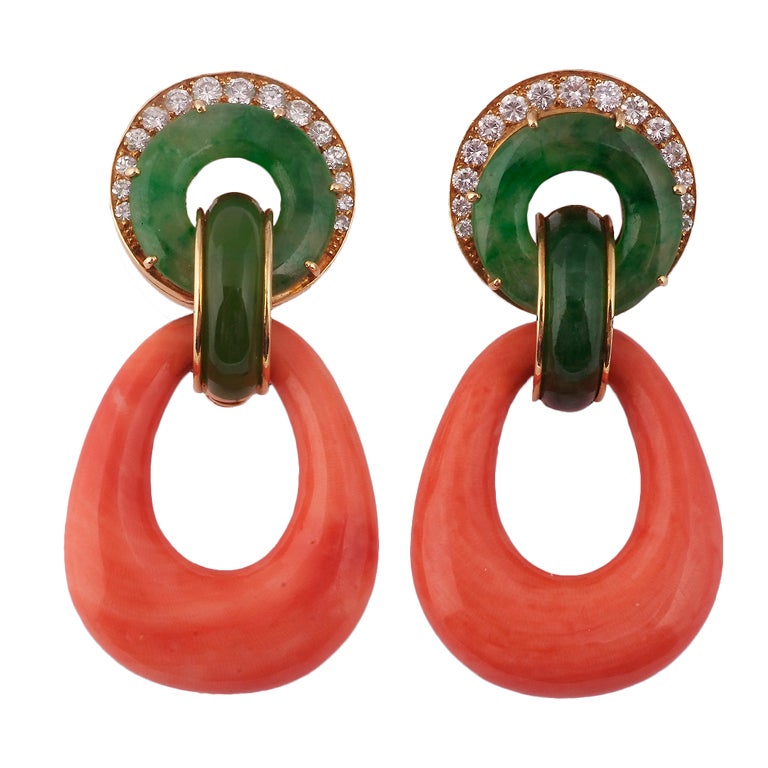 DAVID WEBB. A Pair Of Coral Jadeite And Diamond Ear Clips. For Sale