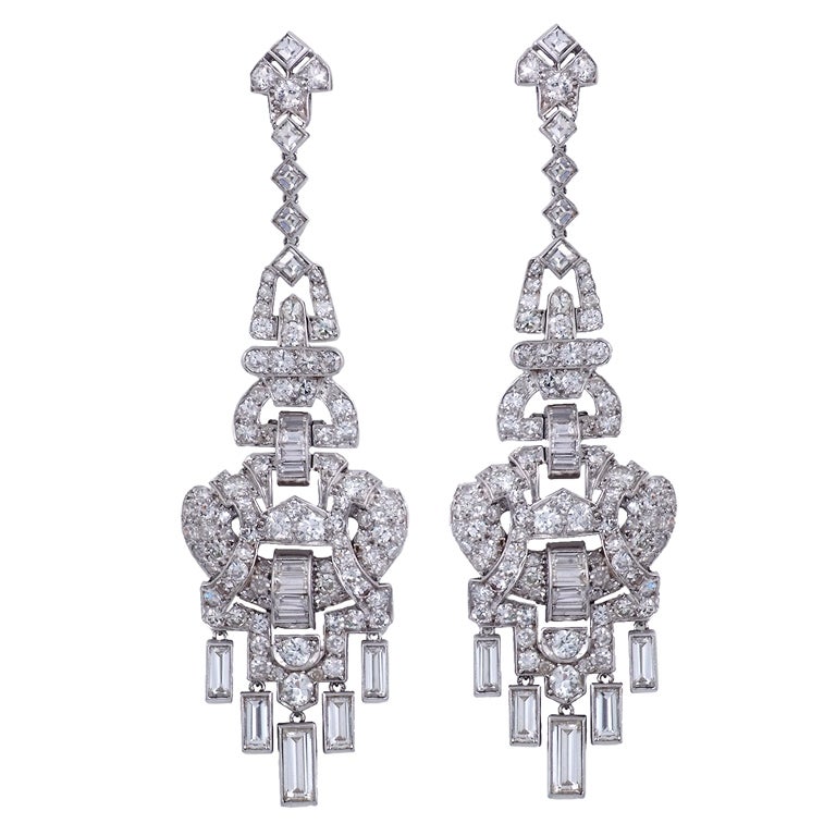 A Pair of Art Deco Diamond Ear Pendants. For Sale