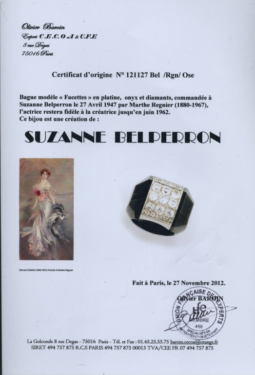 Designed as an integral piece of onyx, forming a facetted dome to the front, centering on a vertical band set with circular-cut diamonds, circa 1947. Together with a certificate of authenticity from Olivier Baroin stating that the ring was designed