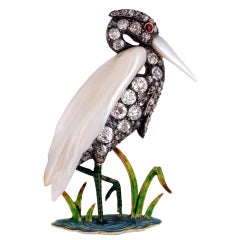 Antique GARRARD & CO. A Pearl Diamond and Enamel Heron Brooch.