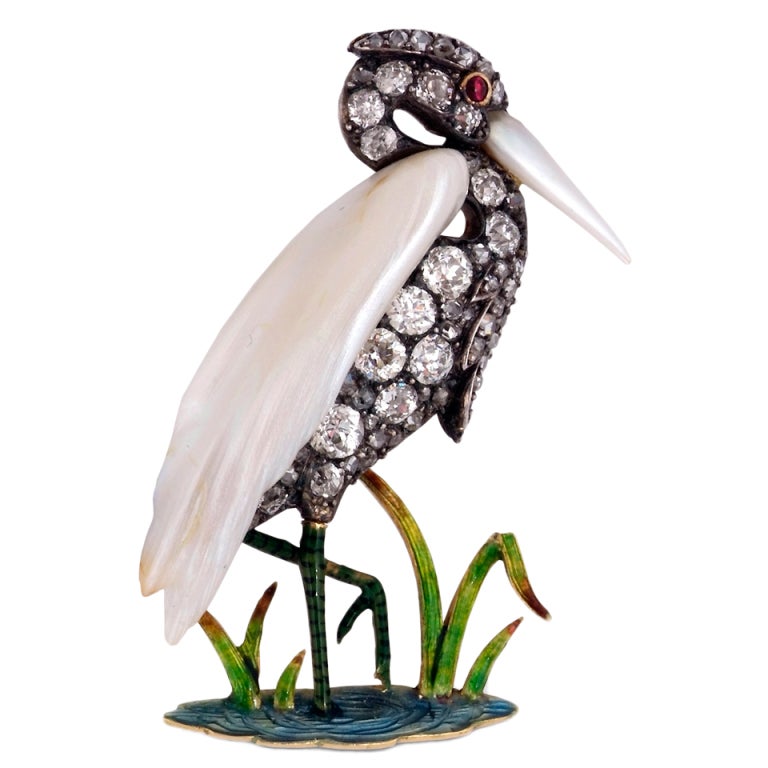 GARRARD & CO. A Pearl Diamond and Enamel Heron Brooch. For Sale