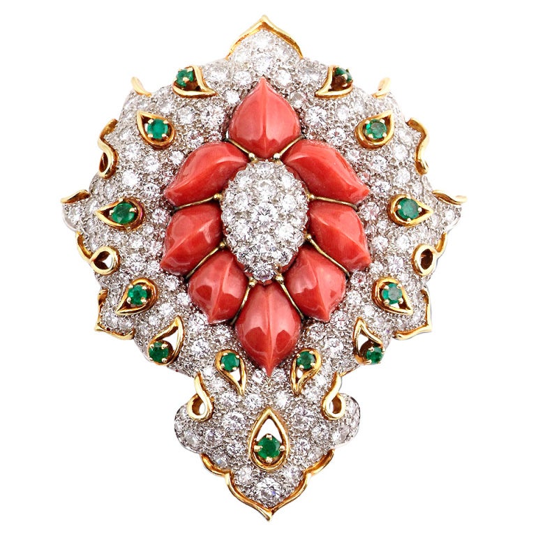 DAVID WEBB. A Coral Diamond and Emerald Brooch. For Sale