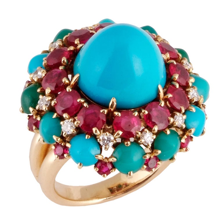 VAN CLEEF & ARPELS. A Turquoise, Ruby and Diamond Cocktail Ring. For Sale