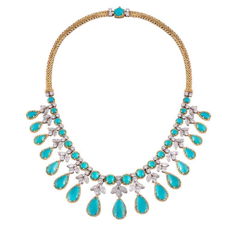 VAN CLEEF & ARPELS. A Turquoise and Diamond Fringe Necklace. For Sale