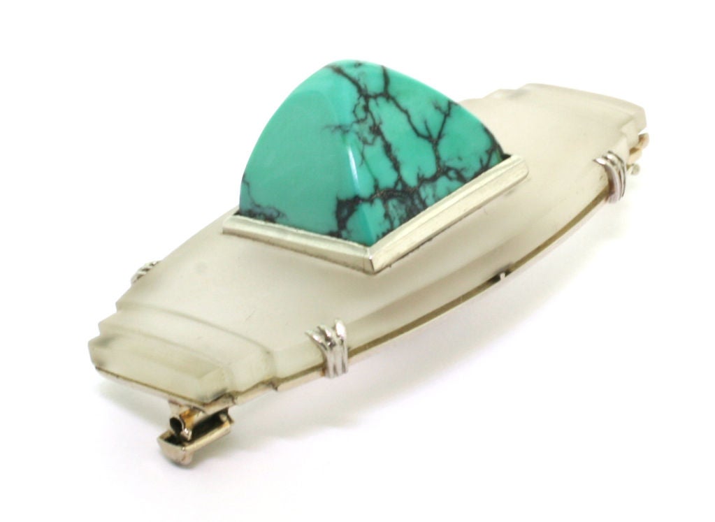 GEORGES FOUQUET. A Carved Rock Crystal and Turquoise brooch. For Sale 1