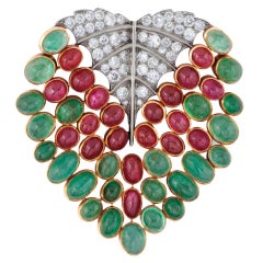 RENE BOIVIN. A Diamond Emerald Ruby "Feuille" Brooch.