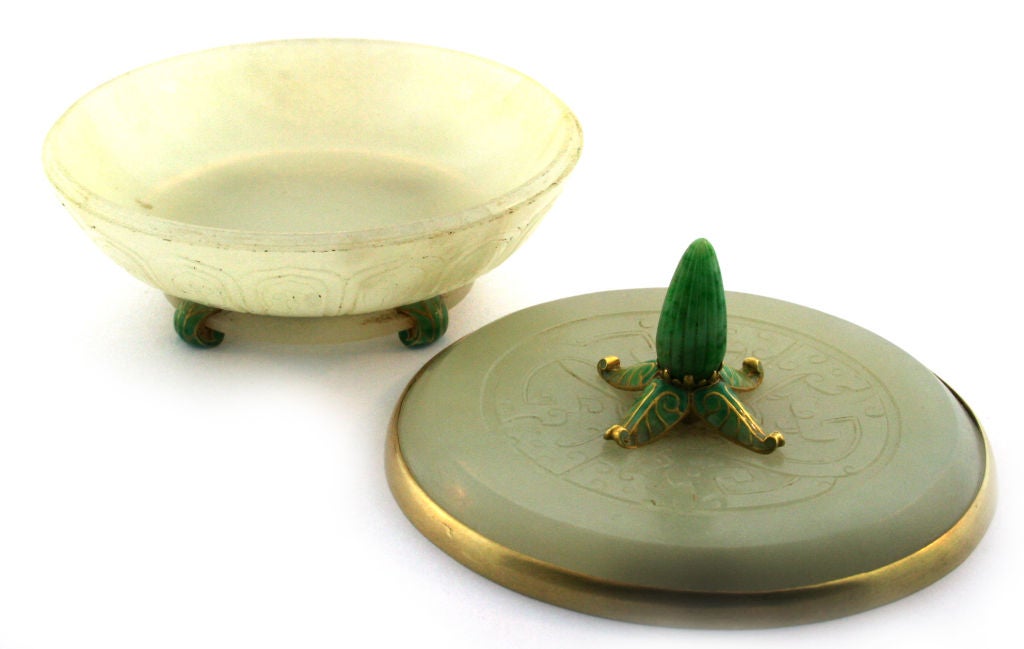 BOUCHERON. A jade, gold and enamel bowl with lid.