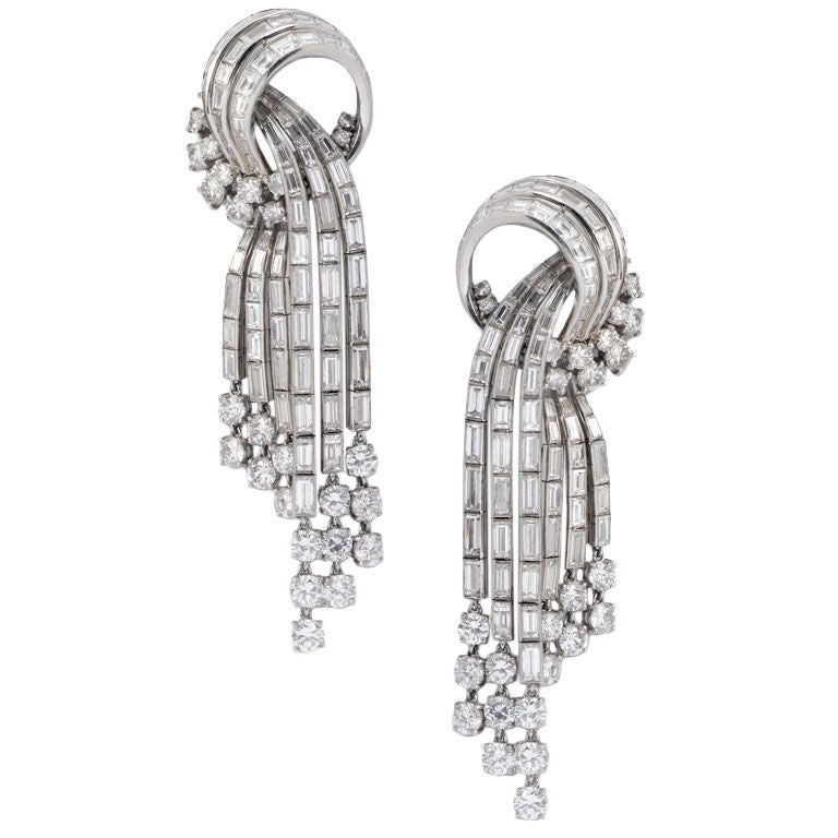 A Pair of 1950's French Diamond Waterfall Cascade Earrings