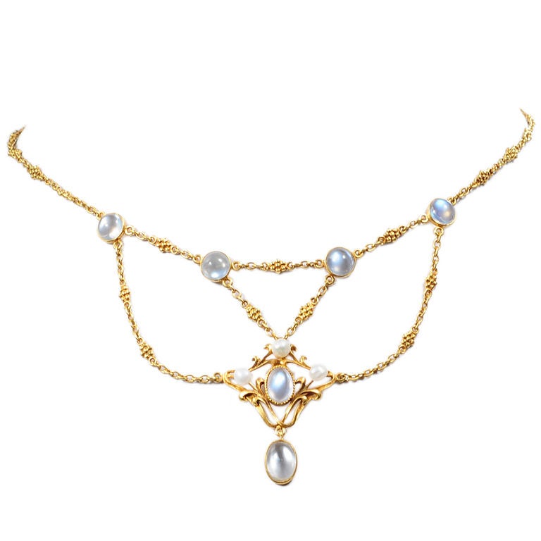 Art Nouveau Moonstone & Pearl Festoon Necklace For Sale