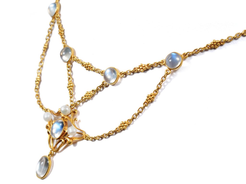 Art Nouveau Moonstone & Pearl Festoon Necklace For Sale 1