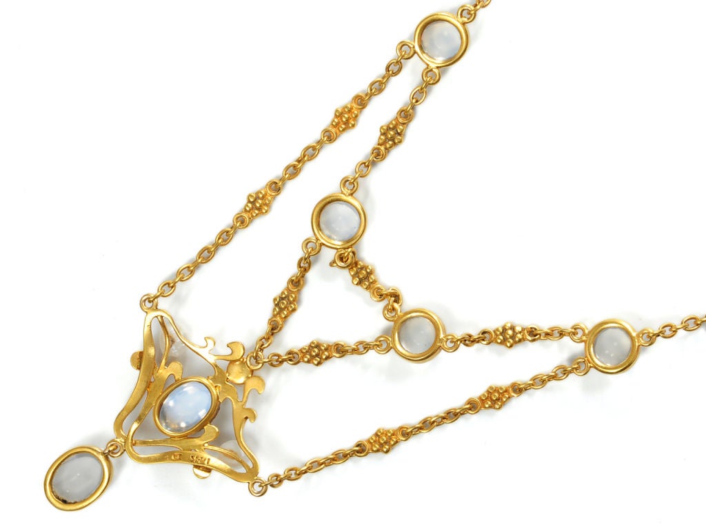 Art Nouveau Moonstone & Pearl Festoon Necklace For Sale 3