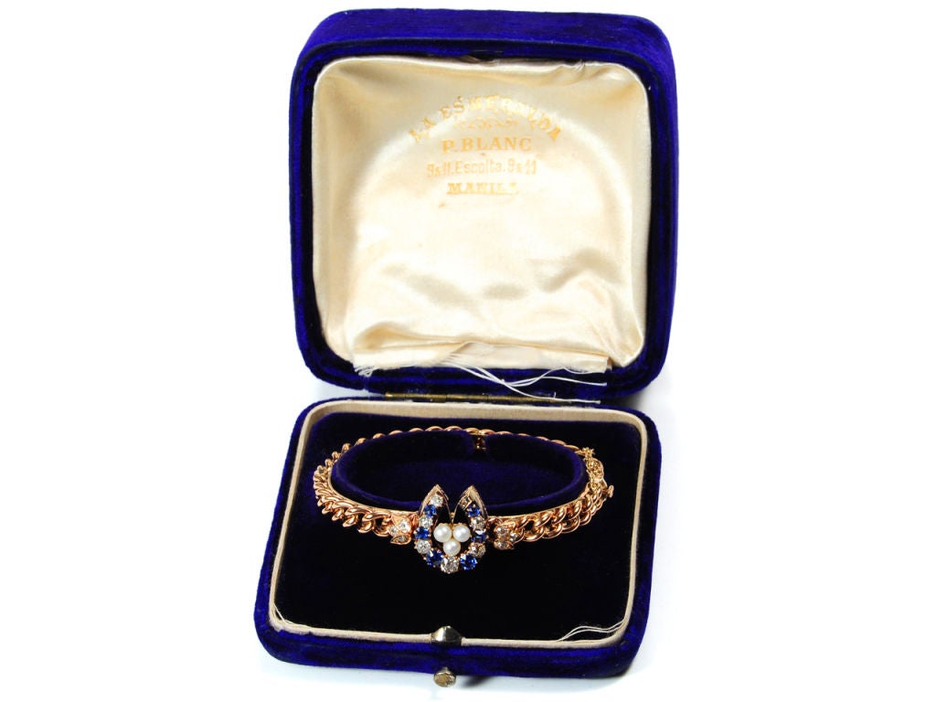 Antique Sapphire Diamond Horseshoe Bracelet in Original Box