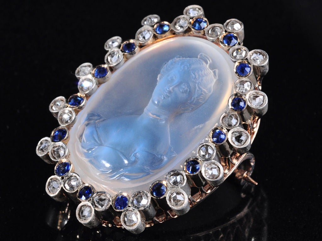 Celestial French Diamond & Sapphire Moonstone Brooch 1