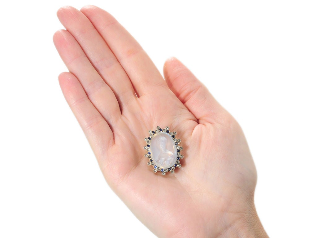 Celestial French Diamond & Sapphire Moonstone Brooch 4