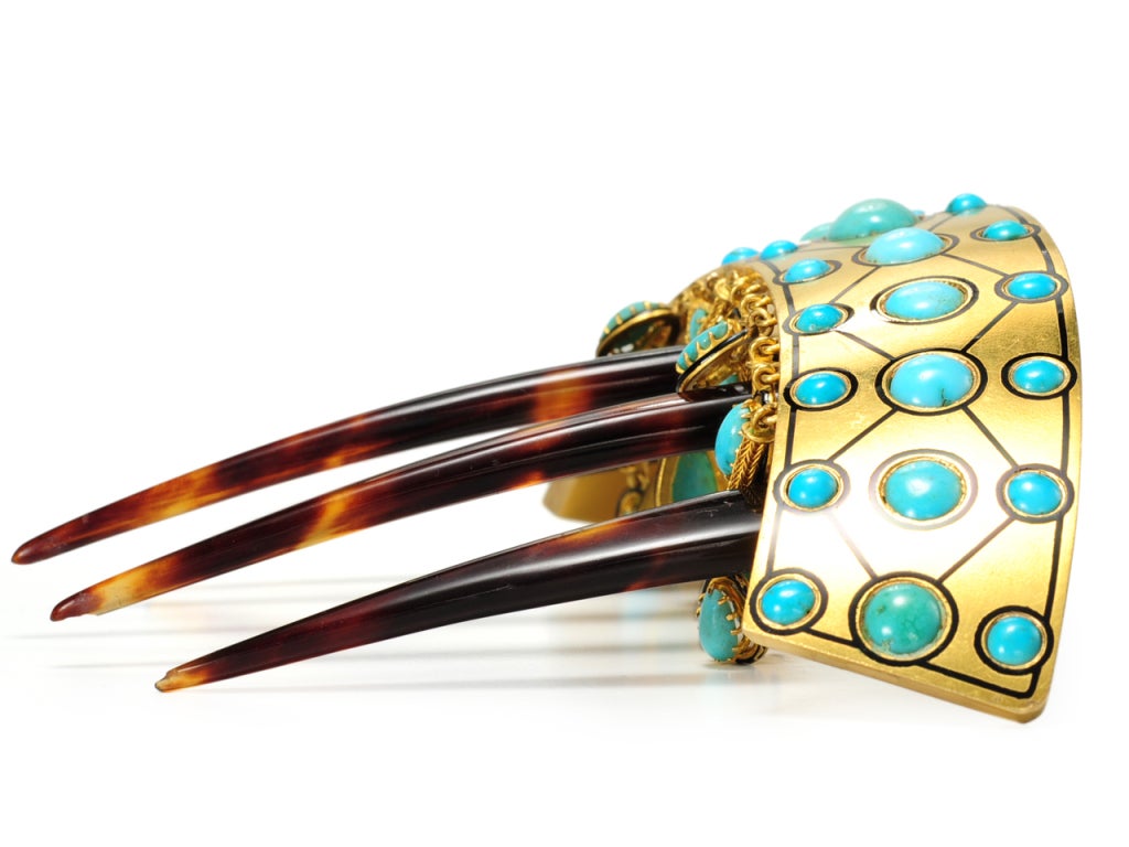 Victorian Magnificent French Gold Turquoise Hair Comb For Sale