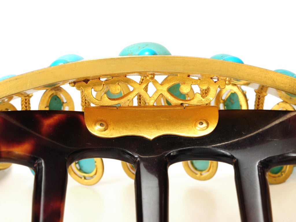 Magnificent French Gold Turquoise Hair Comb For Sale 1