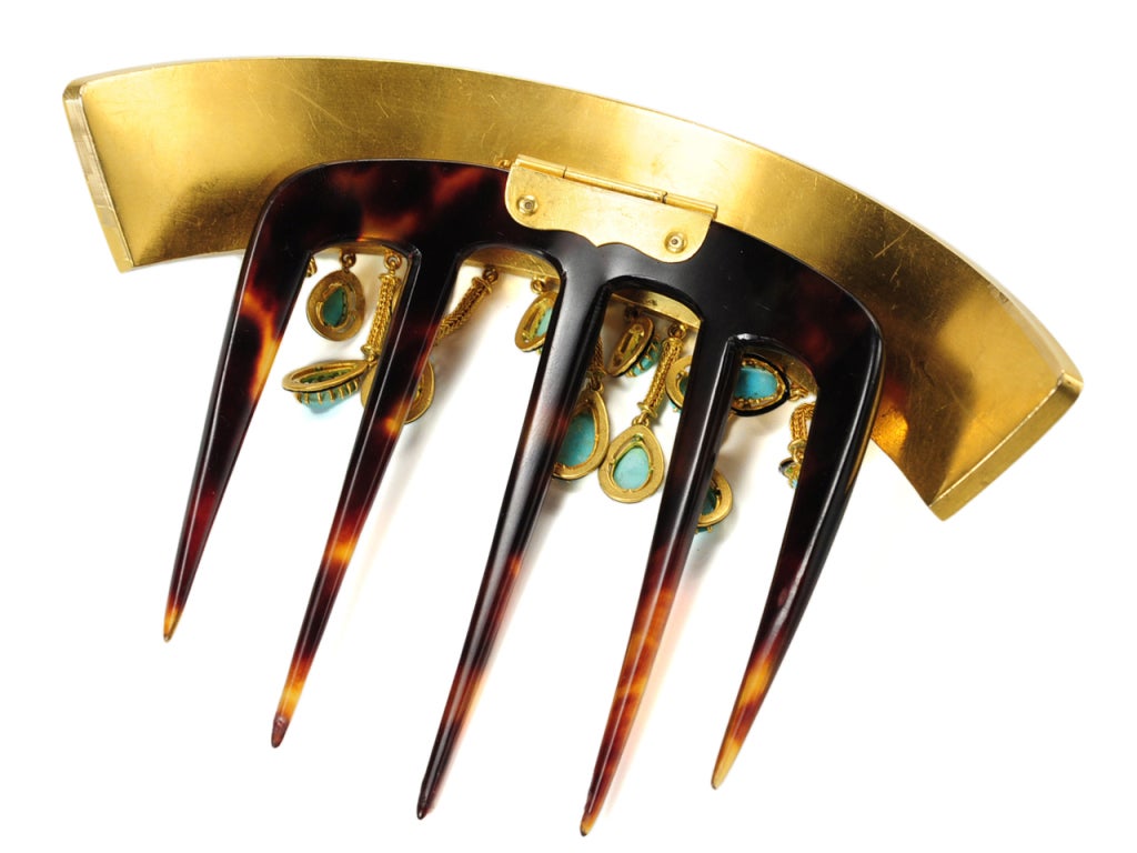 Magnificent French Gold Turquoise Hair Comb For Sale 2
