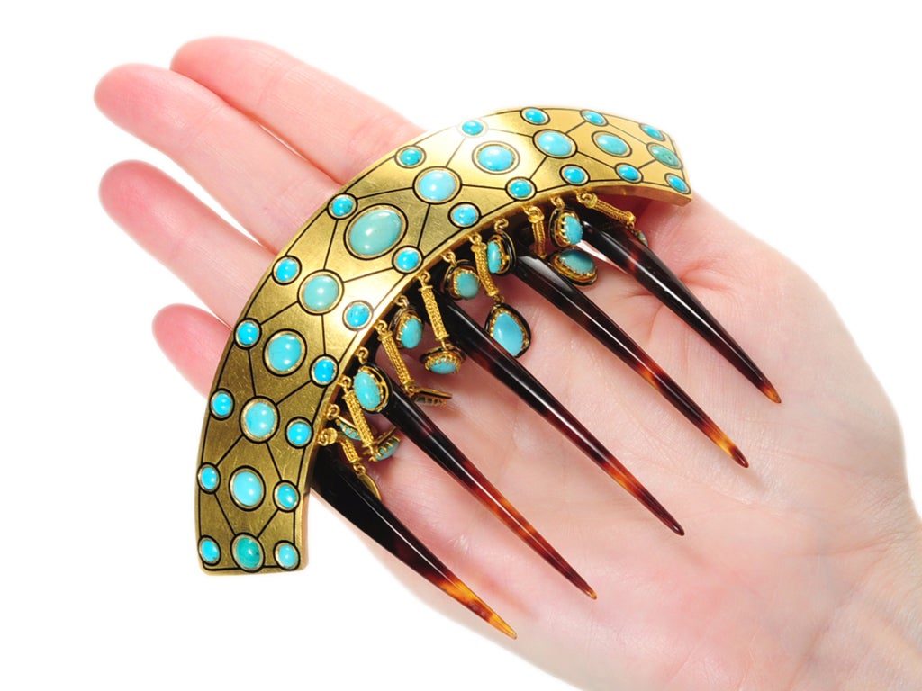 Magnificent French Gold Turquoise Hair Comb For Sale 3