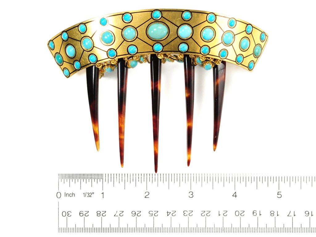 Magnificent French Gold Turquoise Hair Comb For Sale 4