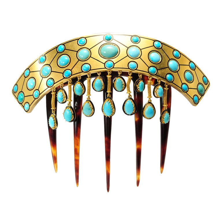 Magnificent French Gold Turquoise Hair Comb For Sale