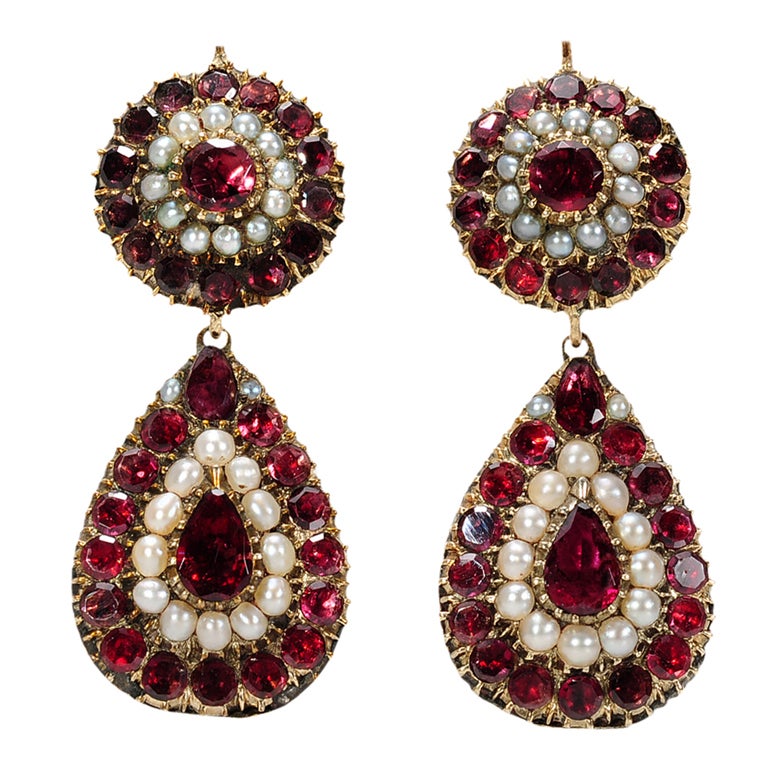 Very Scarce Georgian Garnet & Pearl Earrings