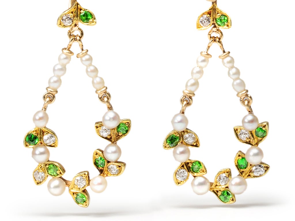 Women's Edwardian Finesse: Diamond Demantoid Pearl Earrings For Sale