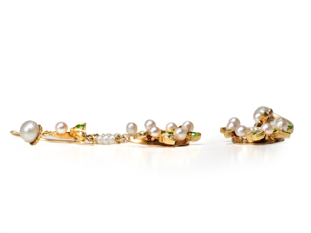 Edwardian Finesse: Diamond Demantoid Pearl Earrings For Sale 1