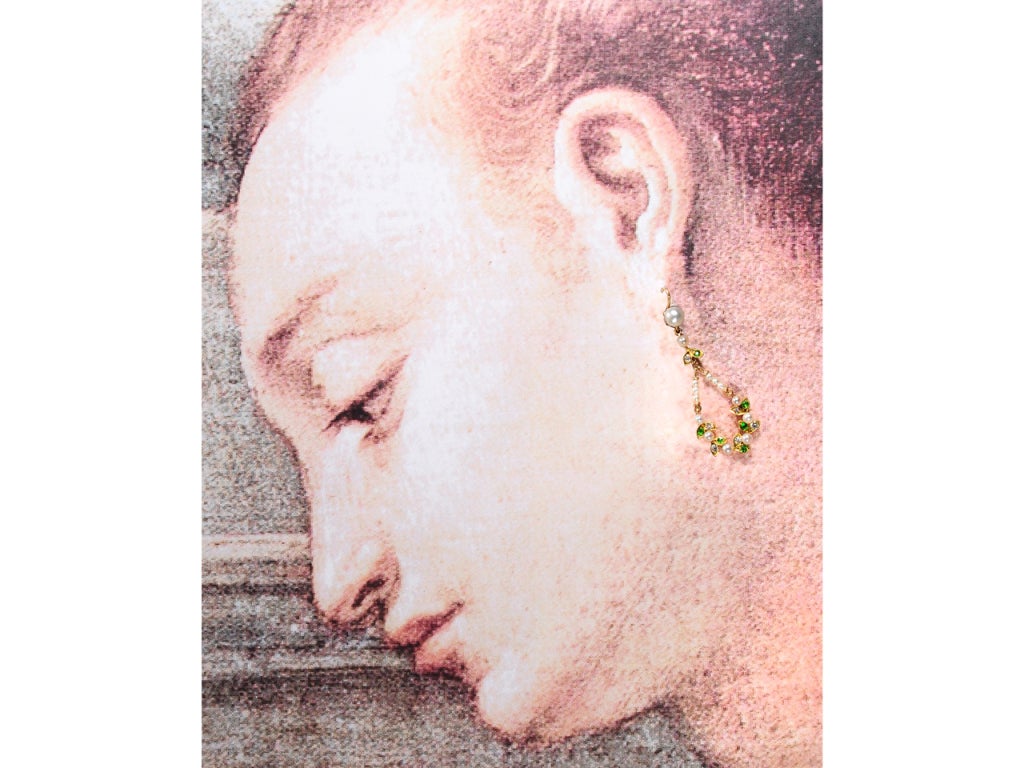 Edwardian Finesse: Diamond Demantoid Pearl Earrings For Sale 2