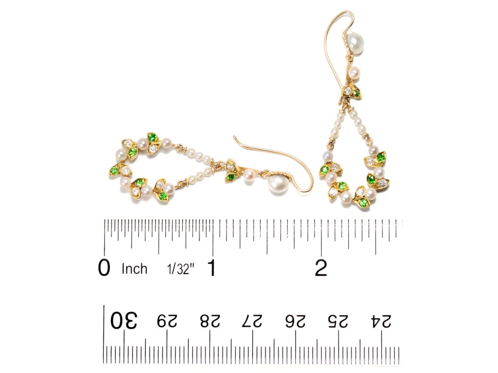 Edwardian Finesse: Diamond Demantoid Pearl Earrings For Sale 3