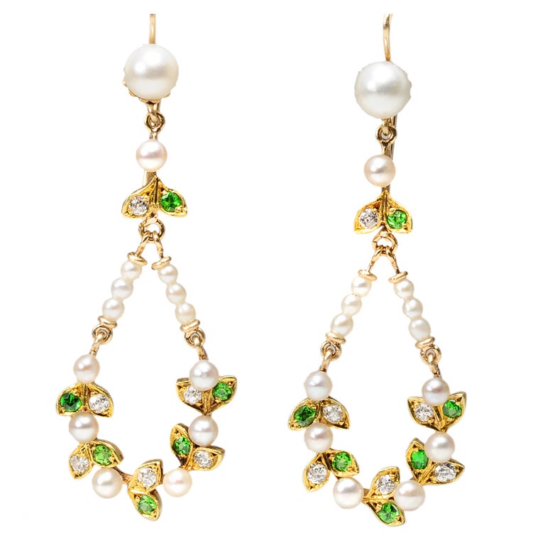Edwardian Finesse: Diamond Demantoid Pearl Earrings For Sale