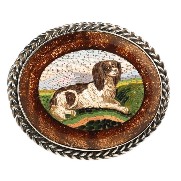 Victorian Micro Mosaic Spaniel Brooch For Sale