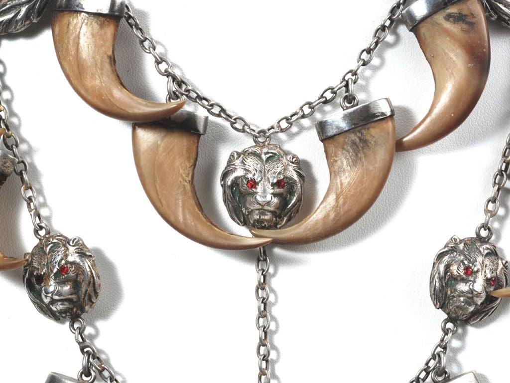 Women's Antique Large  Lion Claw Silver Necklace