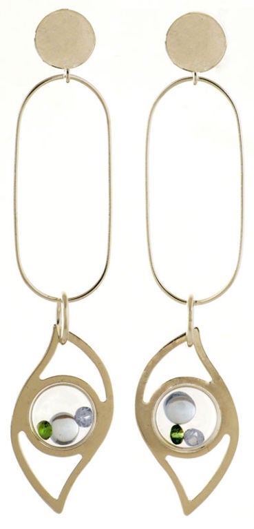 Floating eye  earrings with semi precious stones Silver