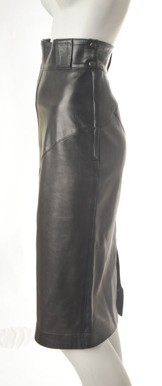 This is a timeless pencil skirt of black pieced leather from Alaia in the 1908s. The leather is buttery soft and like new. Fully lined.
