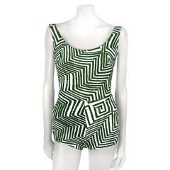 Cabana Green & White Abstract Print Swimsuit Bathing Suit 1960's