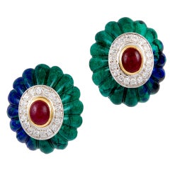 DAVID WEBB Diamond Cabochon Ruby Azurite Malachite Earrings 8