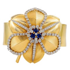 Cartier Diamond Sapphire Gold Flower Pin and Bangle 11