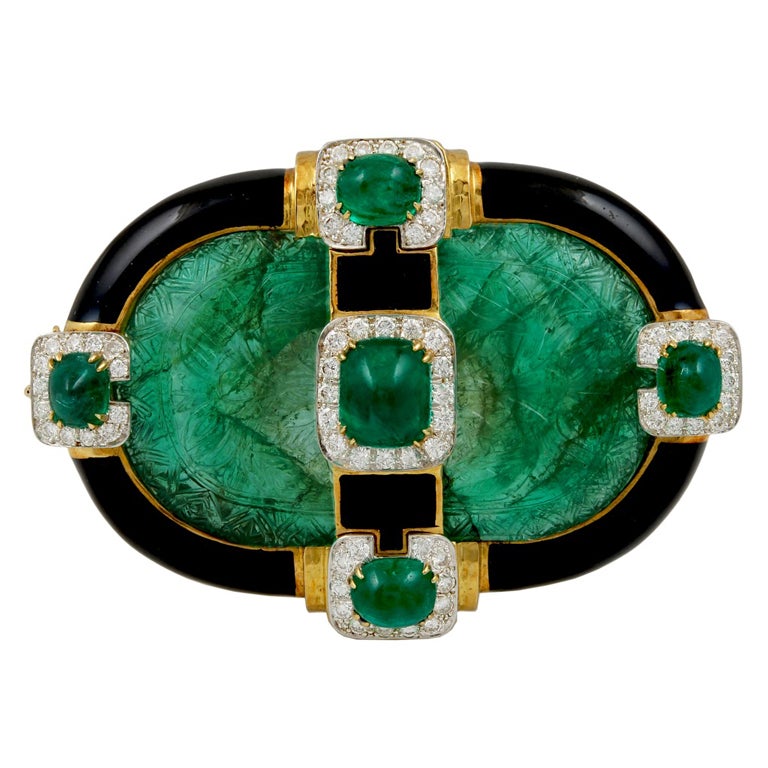 David Webb Carved Emerald Brooch For Sale at 1stdibs
