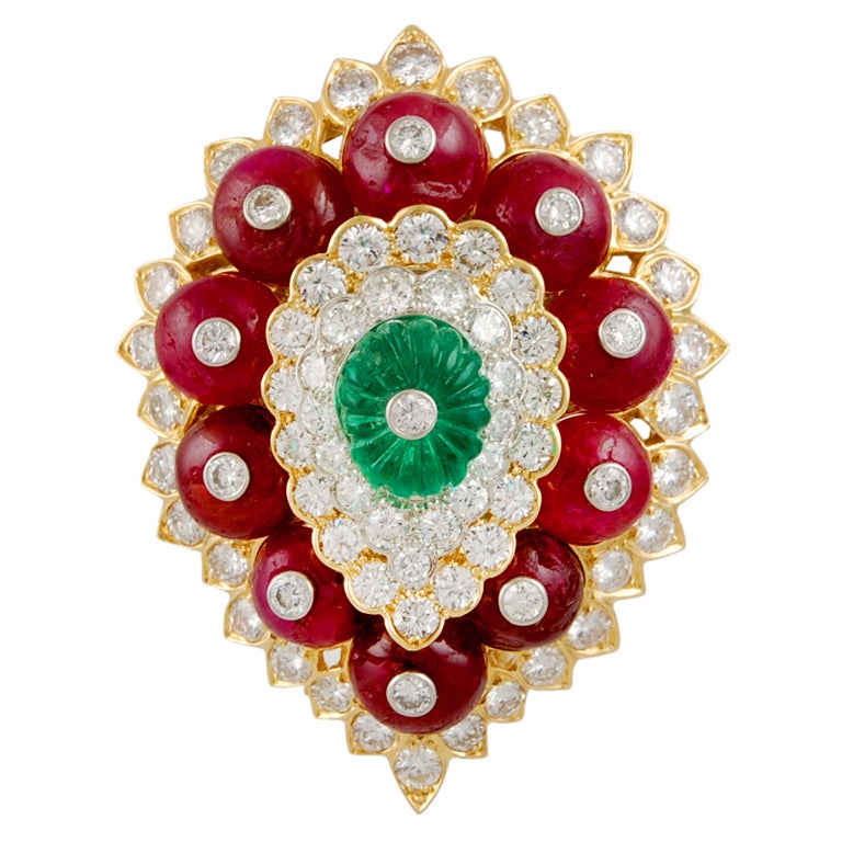 David Webb Diamond Emerald Ruby Brooch For Sale