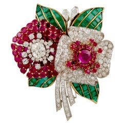 Diamond Ruby Emerald Flower Brooch 1