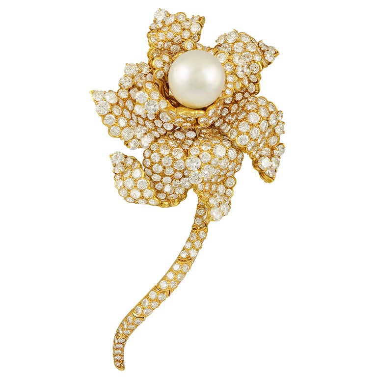 Oscar Heyman Diamond Pearl Flower Brooch For Sale at 1stdibs