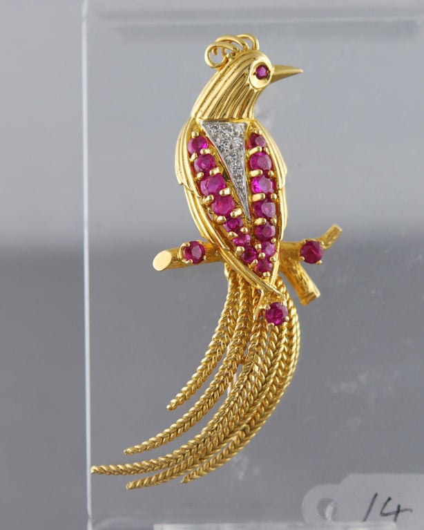 Kutchinsky London Gold Ruby & Diamond Peacock Pin