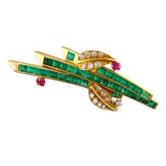 Highly Unusual Calibre Emerald, Diamond and Ruby Lapel Pin