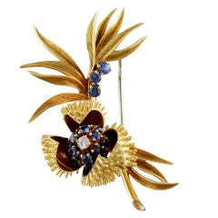 French Gold 'Chestnut' Pin with Sapphires and Diamond