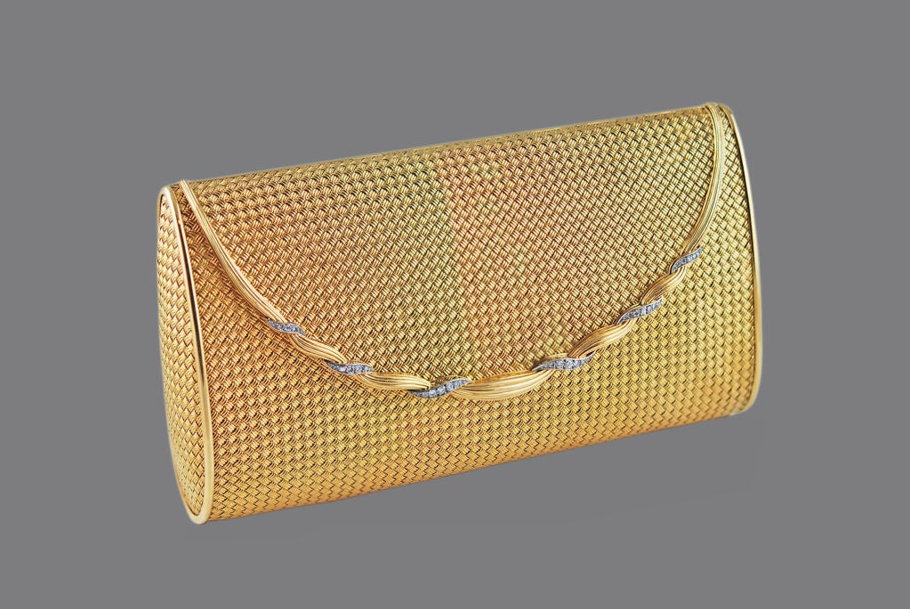 Exquisite French woven gold and diamond evening purse. Rope weave border encrusted with diamonds.