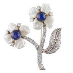 RUSER BEVERLY HILLS Pearl, Cabochon Sapphire, and Diamond Pin